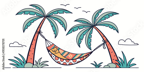 A tropical paradise with a hammock between two palm trees under a clear blue sky Vector