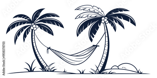 Two palm trees with hammock on a sandy beach with gentle waves Vector