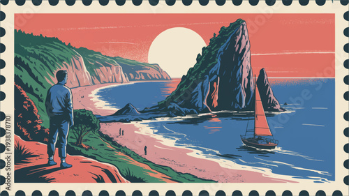 man standing on cliff overlooking ocean with sailboat at sunset