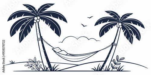 Two palm trees with a hammock and a tropical sunset in the background Vector