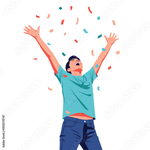 Man celebrating with arms raised and confetti falling, isolated on white background.
