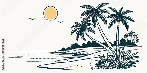 A serene tropical island with palm trees under a bright sun Vector