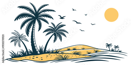 A serene tropical island with palm trees and a vibrant sunset on the horizon. Vector