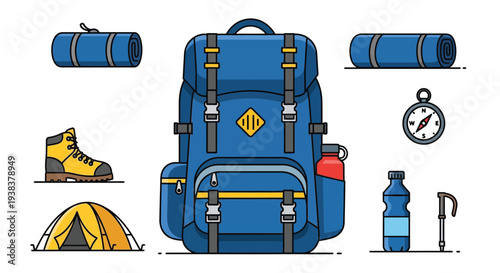 Vibrant camping gear collection with backpack and accessories