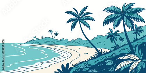 A serene tropical beach with palm trees and gentle waves under a clear blue sky Vector