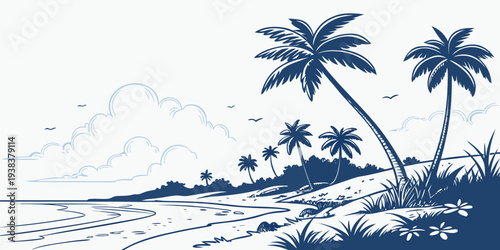 A serene tropical beach scene with palm trees and a picturesque sunset Vector