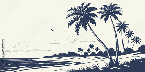 Serene tropical beach with palm trees and calm ocean waves Vector