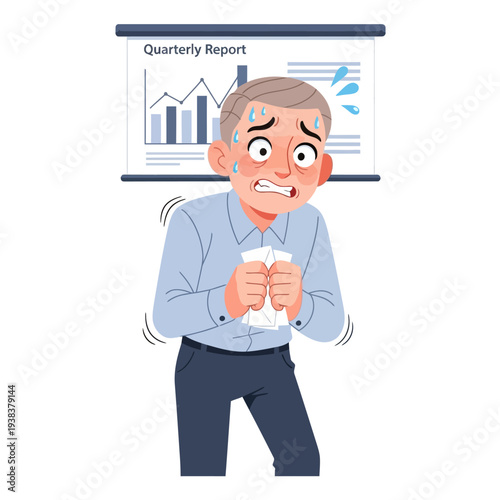 Nervous businessman sweating during quarterly report presentation, anxiety and stress