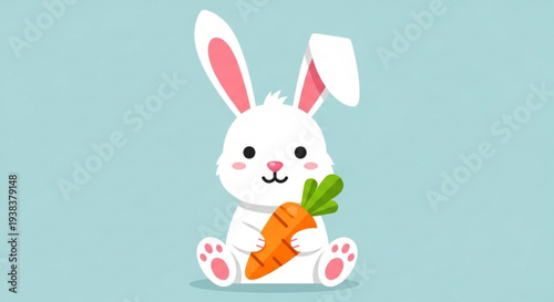 Adorable white bunny happily holding a juicy carrot