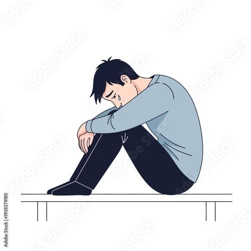 Sad Man Crying Alone on Bench, Depression, Loneliness, Mental Health Concept