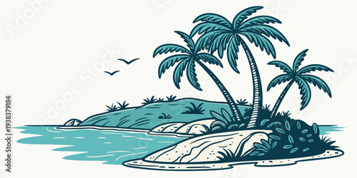 A serene tropical island with palm trees and a small boat in the distance Vector