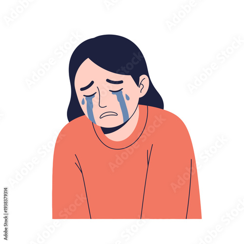 Sad Woman Crying Tears, Emotional Distress, Isolated on White Background