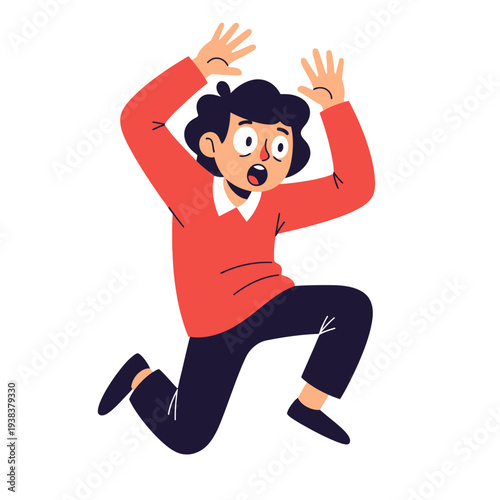 Scared Man Jumping Backwards with Arms Raised, Surprise Expression