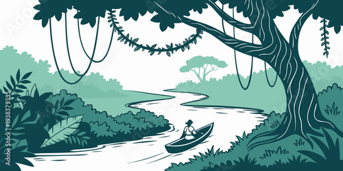 A serene landscape featuring a river flowing through a lush forest with hanging moss. Vector