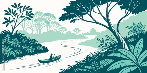 A serene landscape painting featuring a tranquil river flowing through lush greenery. Vector