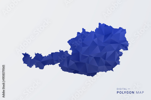 Austria Map - Polygon Style Vector Illustration in Deep Blue Gradient, Low Poly Geometric Design, Clean Silhouette Isolated on White Background for Infographics.