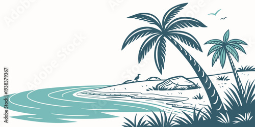 Tranquil tropical beach scene with palm trees and gentle waves Vector