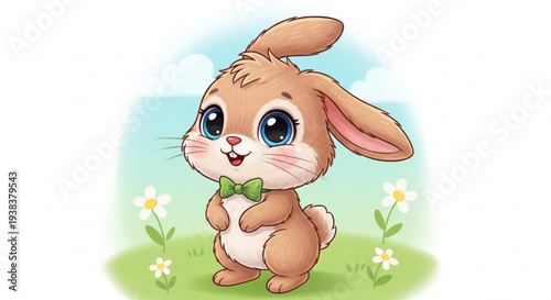 Cute cartoon bunny wearing green bow tie standing on grass with flowers