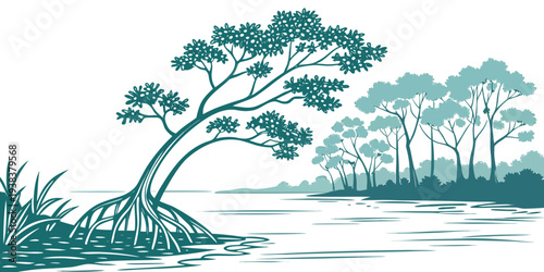A serene landscape featuring a lone tree standing tall amidst a tranquil body of water. Vector