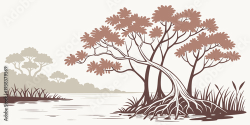 A serene landscape featuring a lone tree standing tall by the water's edge Vector