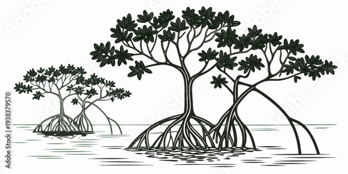 A serene landscape featuring three tall trees with lush green foliage. Vector