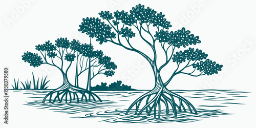 A serene landscape featuring a group of tall, lush trees with intricate foliage. Vector