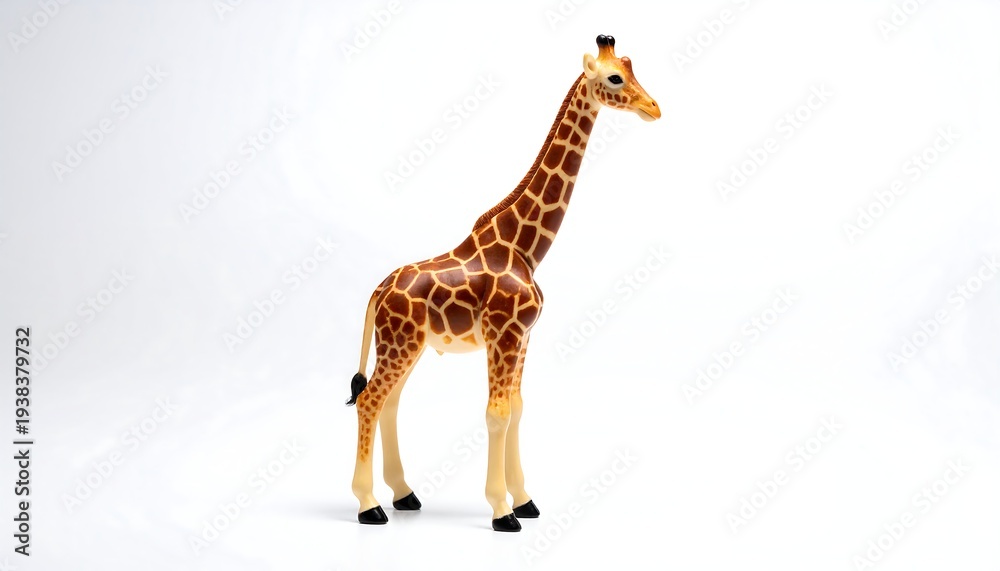 Fototapeta premium Toy giraffe standing tall on a white surface, detailed with brown spots and a long neck