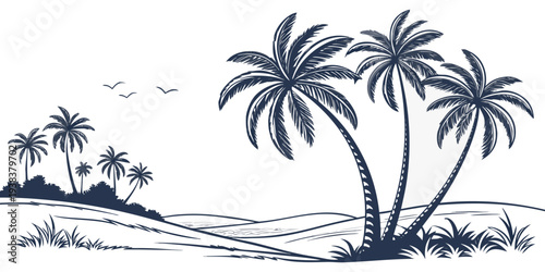 A serene tropical beach with palm trees and calm waters in the background. Vector