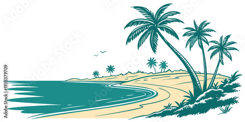 Tropical beach scene with palm trees and clear blue waters Vector
