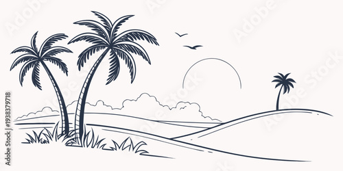 A serene tropical beach scene with palm trees and birds flying over the ocean Vector
