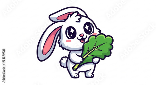 Cute cartoon rabbit happily holding fresh green lettuce leaf