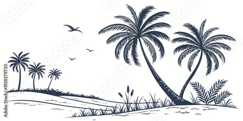 A serene beach scene with palm trees and a clear blue sky Vector
