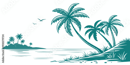 Tropical island with palm trees and a small boat on the water. Vector