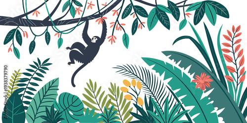 A black cat gracefully leaps from one branch to another in a lush green tree. Vector