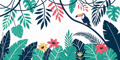 Vibrant tropical leaves and flowers on a white background with a butterfly Vector