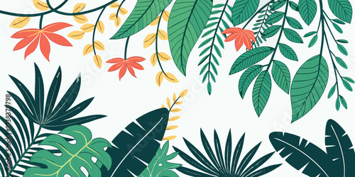 Vibrant tropical plants and flowers in a lush, green, and colorful botanical garden. Vector