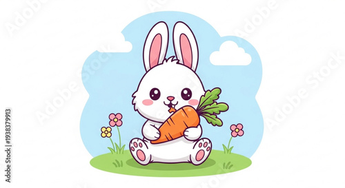 Adorable bunny happily holding fresh carrot in sunny meadow
