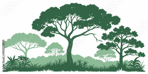 A serene landscape featuring a group of tall trees with lush green foliage Vector
