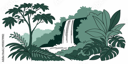 A serene scene of a bird perched on a branch surrounded by lush foliage Vector