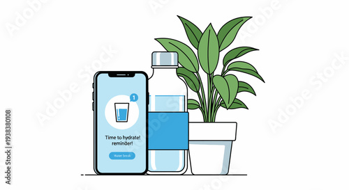 Smartphone with hydration app and bottle.