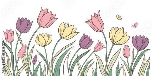 A vibrant field of colorful flowers in full bloom under a clear blue sky Vector