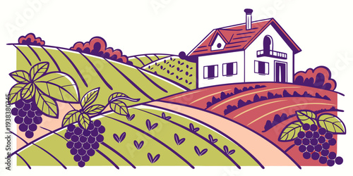 A picturesque countryside scene featuring a charming house surrounded by lush vineyards. Vector
