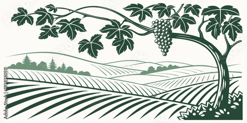 A serene landscape with rolling hills, a winding path, and a tree-lined horizon. Vector