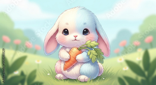 Cute cartoon bunny holding fresh carrot in green meadow with flowers