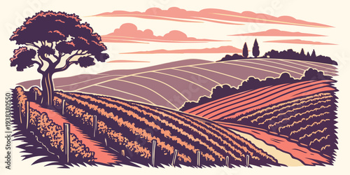 A picturesque landscape of rolling hills and a winding road under a clear sky Vector