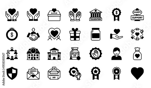 Charity and Donation Glyph Solid Icons Set with Volunteer Help Foundation and Support Symbols Vector