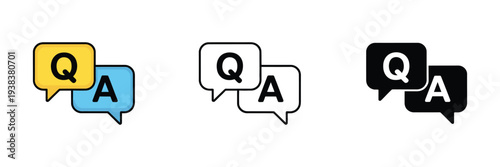 Question and answer icon, FAQ line symbol, Q&A letters, thin black outline, solid style, blue and yellow speech bubble, flat vector illustration
