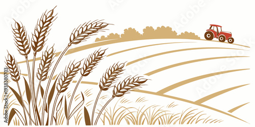 A vibrant field of golden wheat under a clear blue sky with a small bird in flight Vector