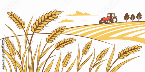 A close-up view of a field of golden wheat with a small group of people harvesting Vector