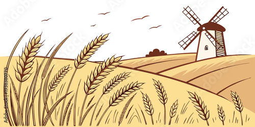 A farmer harvesting wheat in a golden field under a clear blue sky. Vector